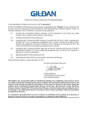 NOTICE OF ANNUAL MEETING OF SHAREHOLDERS To ... - Gildan