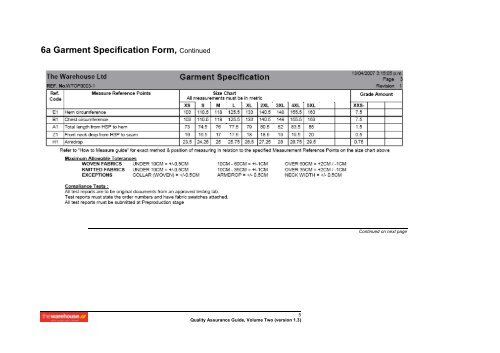 6a Garment Specification Form - The Warehouse