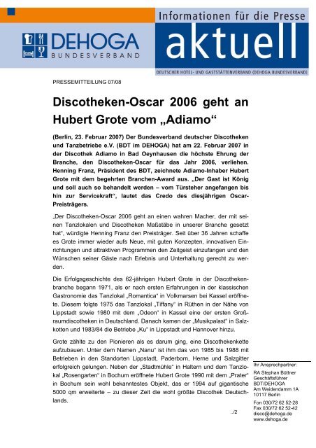 Discotheken-Oscar 2006 geht an Hubert Grote vom „Adiamo“ - BDT