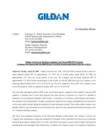 For Immediate Release Contact: Laurence G. Sellyn ... - Gildan