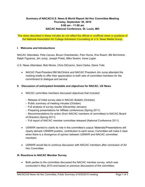 Summary of NACAC/U.S. News & World Report Ad Hoc Committee ...