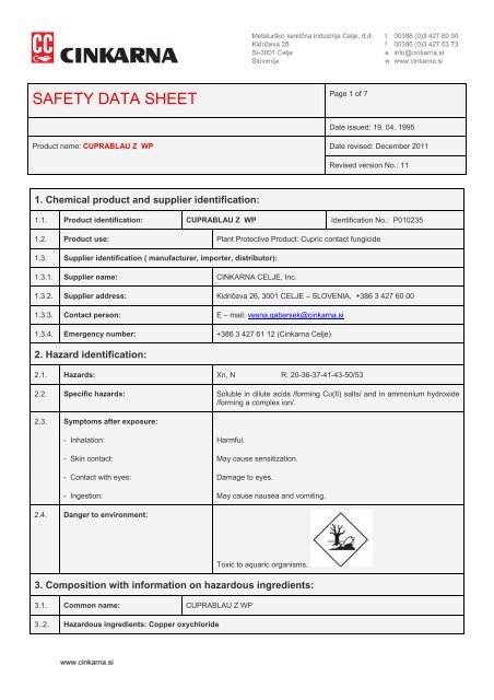 SAFETY DATA SHEET - Cinkarna Celje