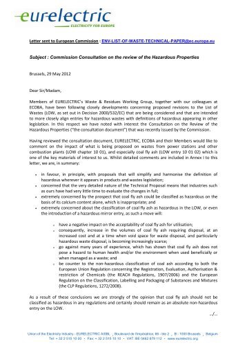 The Classification of Coal Combustion Products under - Eurelectric