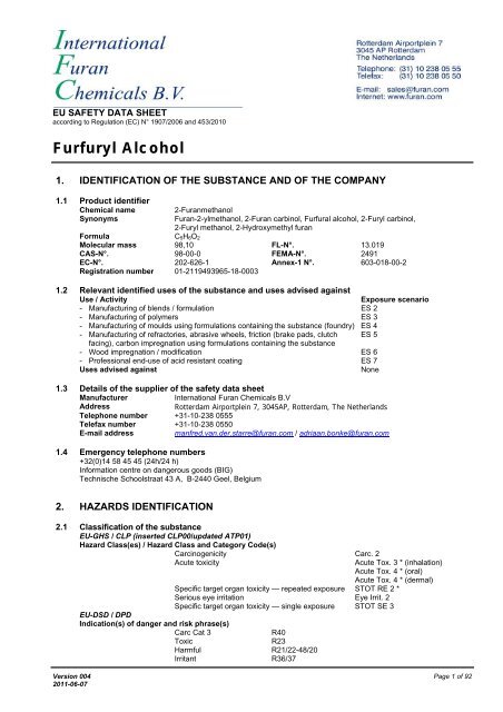 Download MSDS of furfuryl alcohol - International Furan Chemicals BV