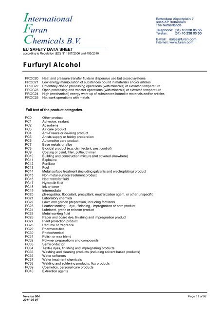 Download MSDS of furfuryl alcohol - International Furan Chemicals BV