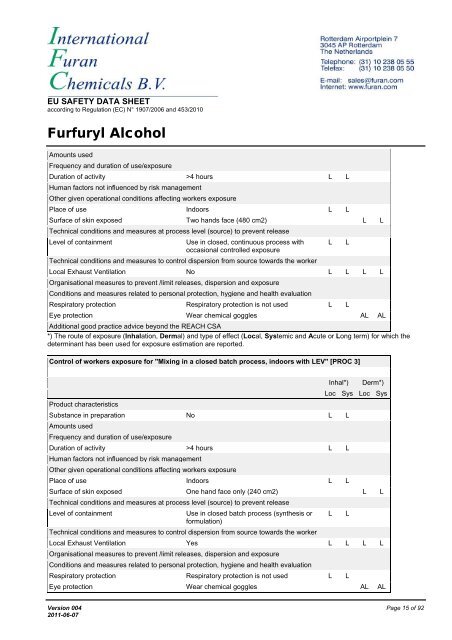 Download MSDS of furfuryl alcohol - International Furan Chemicals BV