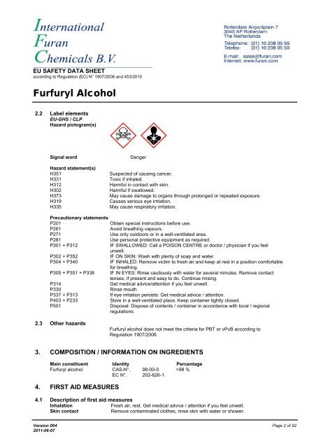 Download MSDS of furfuryl alcohol - International Furan Chemicals BV