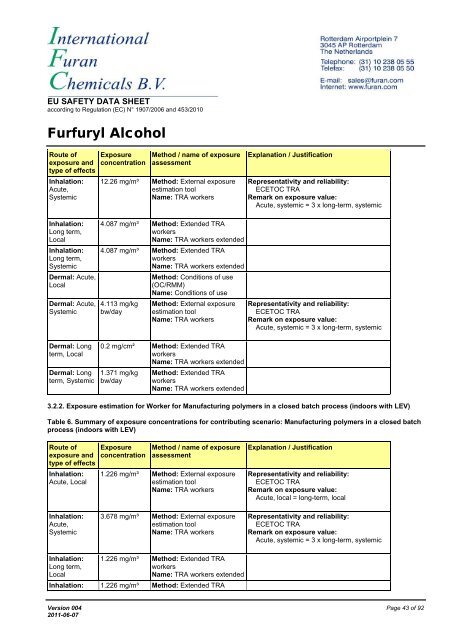 Download MSDS of furfuryl alcohol - International Furan Chemicals BV