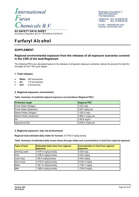 Download MSDS of furfuryl alcohol - International Furan Chemicals BV