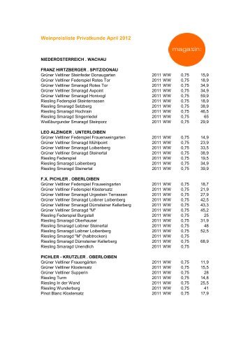 Weinpreisliste Privatkunde April 2012 - Magazin Salzburg