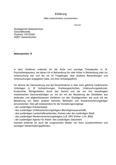 Schweigepflichtentbindungserklaerung - Sozialgericht Gelsenkirchen