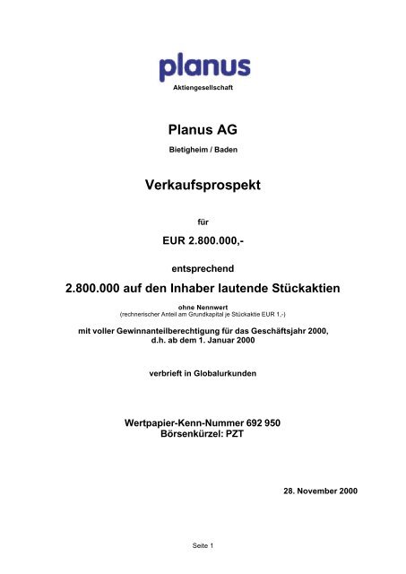 Planus AG Verkaufsprospekt - Baader Bank AG