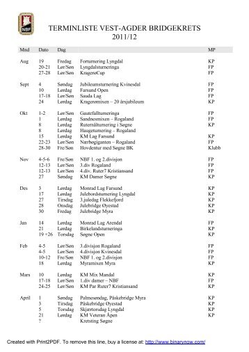 TERMINLISTE VEST-AGDER BRIDGEKRETS ... - Kristiansand BK