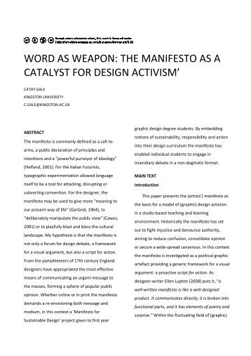 Gale, Cathy WORD AS WEAPON THE MANIFESTO AS