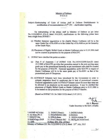 Subject:-Restructuring of Cadre of Artisan staff in Defence ...