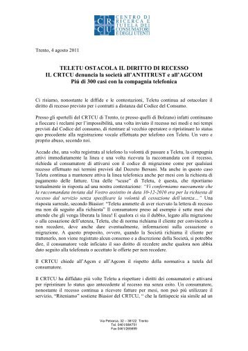 TELETU OSTACOLA IL DIRITTO DI RECESSO IL CRTCU denuncia ...