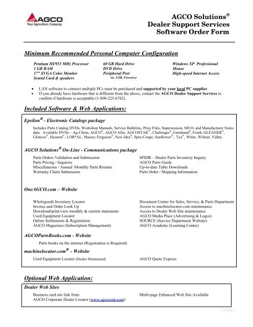 AGCO Solutions Dealer Support Services Software Order Form