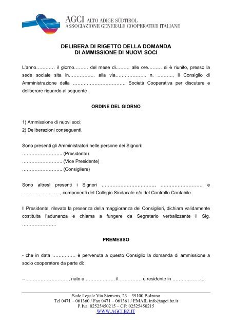 Delibera rigetto domanda ammissione nuovo socio - Ideacoop - AGCI