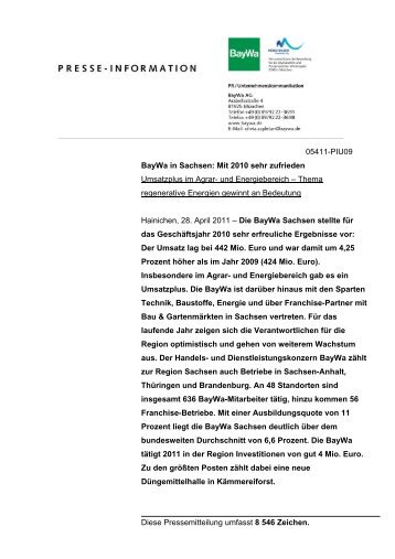 Diese Pressemitteilung umfasst 8 546 Zeichen. 05411 ... - BayWa