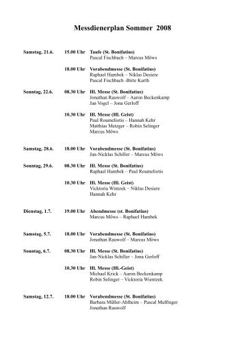 Messdienerplan Sommer 2008 - St. Bonifatius Seeheim-Jugenheim