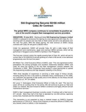 SIA Engineering Secures S$166 million Cebu Air Contract
