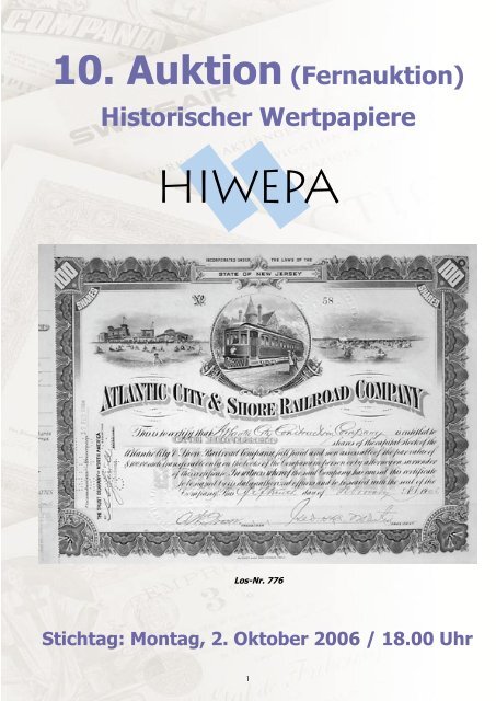 10. Auktion(Fernauktion) Historischer Wertpapiere - HIWEPA AG