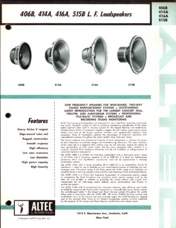 Altec 414A/416A/515B/406B Loudspeaker Spec Sheet