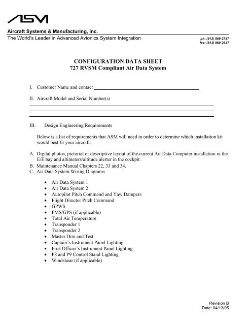 CONFIGURATION DATA SHEET 727 RVSM Compliant Air Data ...