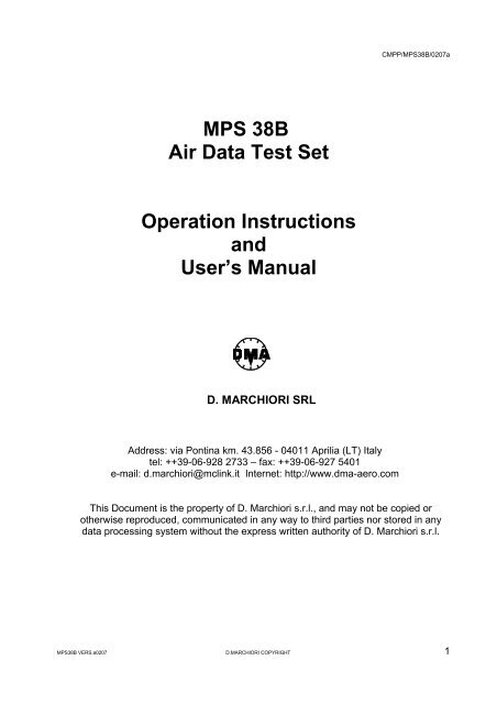 MPS 38B Air Data Test Set Operation Instructions and User's Manual