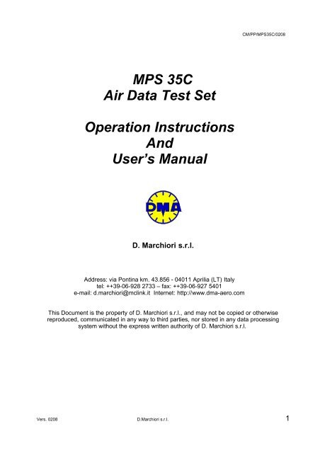 MPS 35C Air Data Test Set Operation Instructions And User's Manual