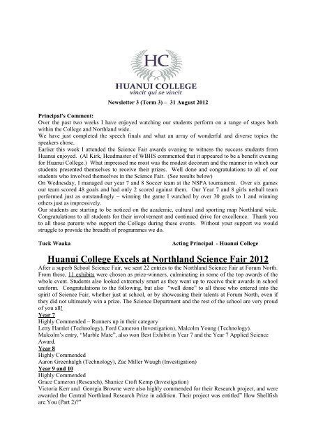 Huanui College Excels at Northland Science Fair 2012