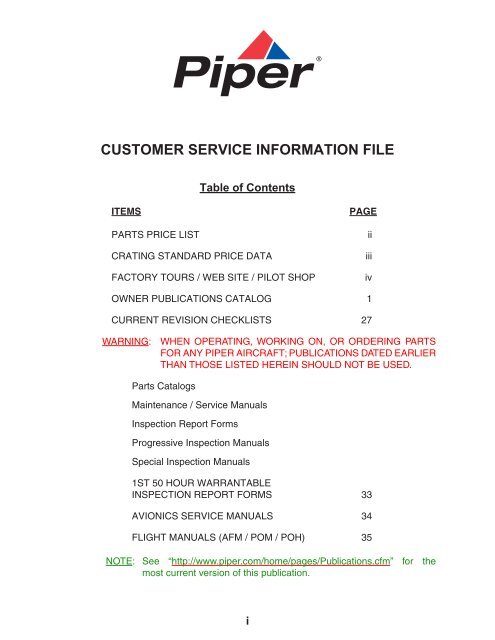 Customer Service Information File Piper Aircraft Inc