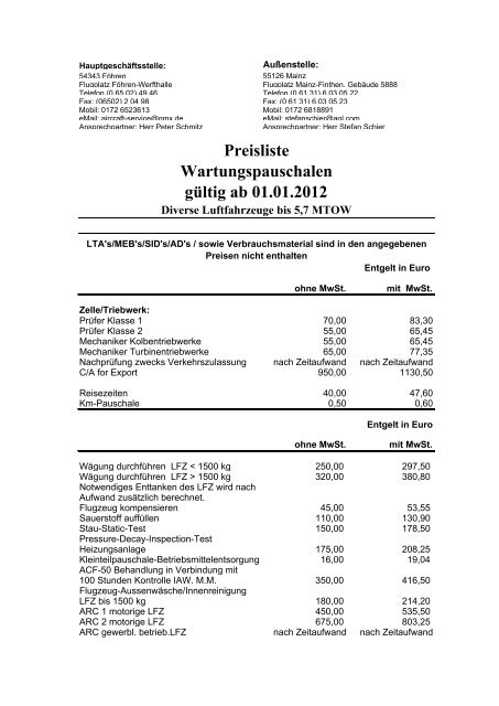 Preisliste Wartungspauschalen gültig ab 01.01.2012