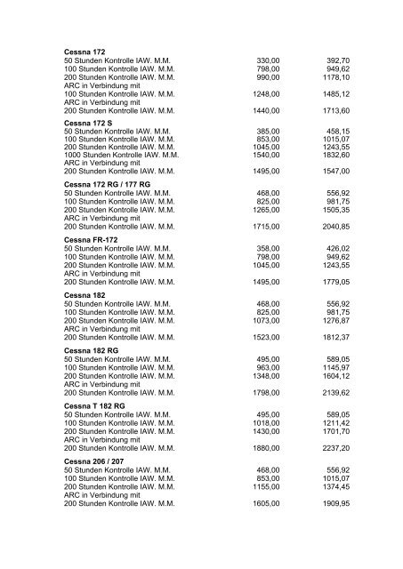 Preisliste Wartungspauschalen gültig ab 01.01.2012