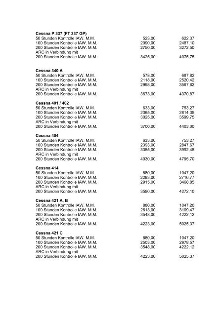 Preisliste Wartungspauschalen gültig ab 01.01.2012