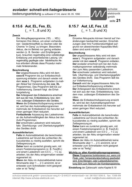 ecolader: schnell-ent-/ladegeräteserie - Schulze Elektronik GmbH