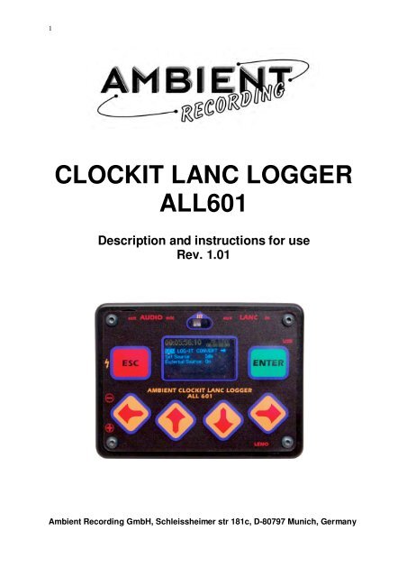 CLOCKIT LANC LOGGER ALL601 - Ambient Recording