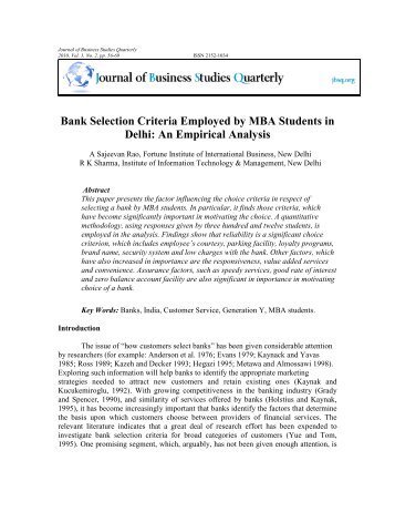Bank Selection Criteria Employed by MBA Students in Delhi