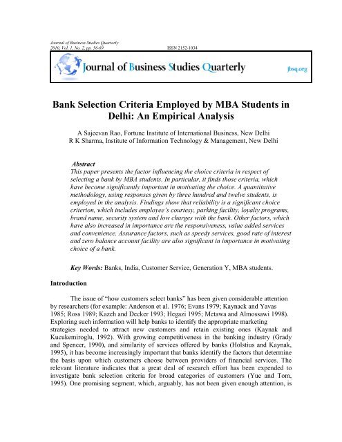 Bank Selection Criteria Employed by MBA Students in Delhi