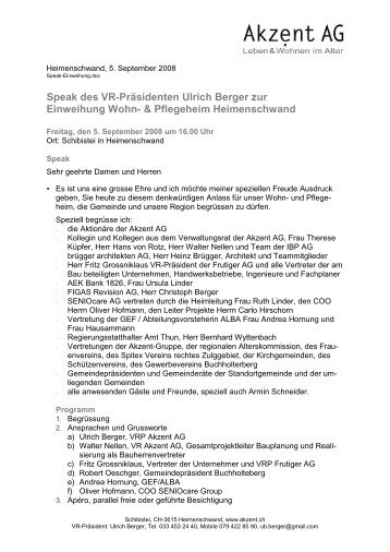Speak des VR-Präsidenten Ulrich Berger zur Einweihung Wohn ...