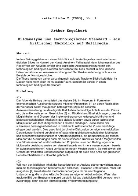 Arthur Engelbert Bildanalyse und technologischer ... - Zeitenblicke