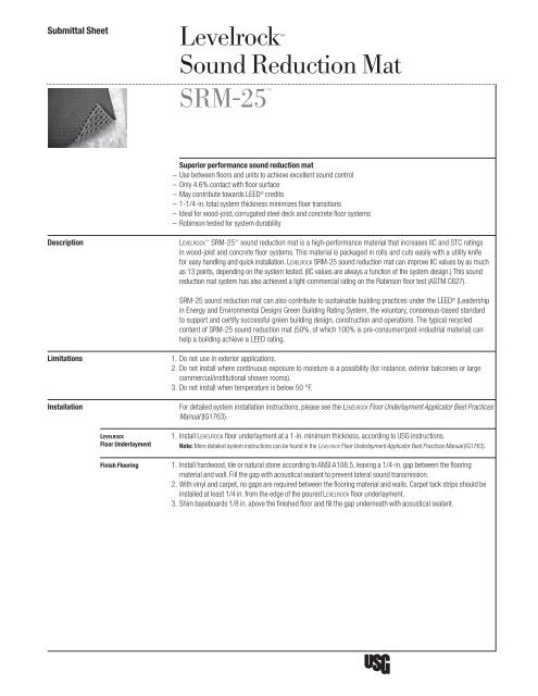 Levelrock Srm 25 Sound Reduction Mat Submittal Sheet