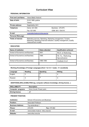 Curriculum Vitae - University of Sarajevo
