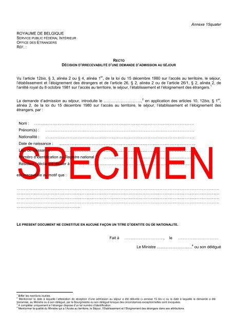 Annexe 15 quater Décision d'irrecevabilité d'une - Office des étrangers