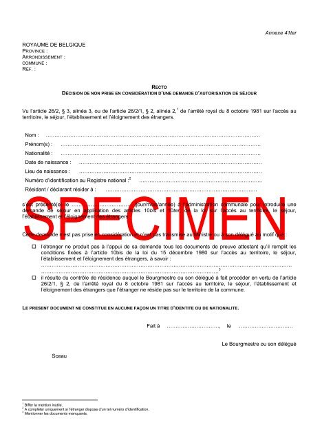 Annexe 41ter ROYAUME DE BELGIQUE Vu l'article 26/2, § 3, alinéa ...