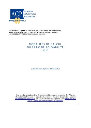 Modalités de calcul du ratio de solvabilité 2012 - Autorité de contrôle ...