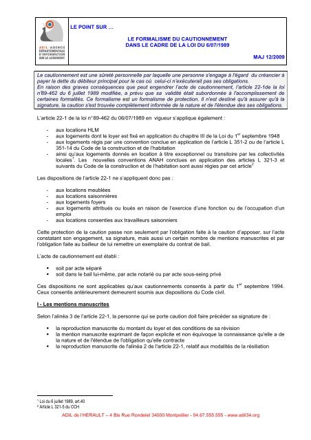 FORMALISME CAUTIONNEMENT - ADIL de l