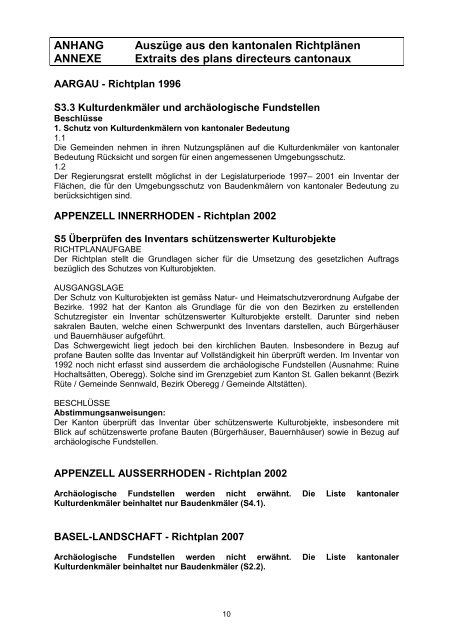 Auswertung der kantonalen Richtpläne - Archäologie Schweiz