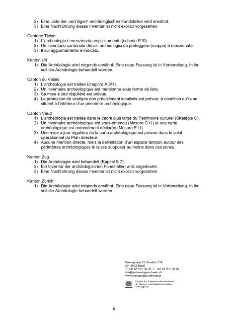 Auswertung der kantonalen Richtpläne - Archäologie Schweiz