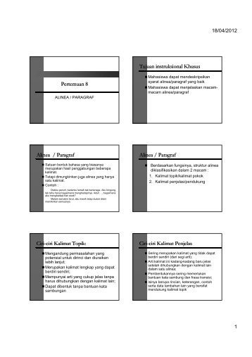 Pertemuan 8 Tujuan instruksional Khusus Alinea / Paragraf Alinea ...